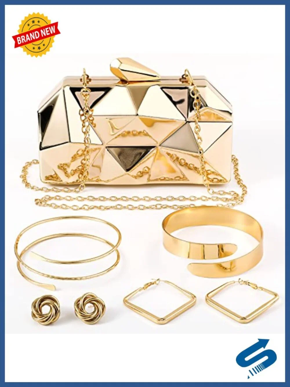 Gold Clutch Purse Women Evening Handbag Set with Jewelry Earrings Arm Cuffs